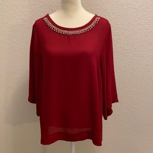 Red Drapey Blouse with Beaded Neckline